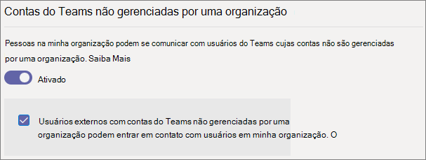 Captura de tela das configurações de contas externas