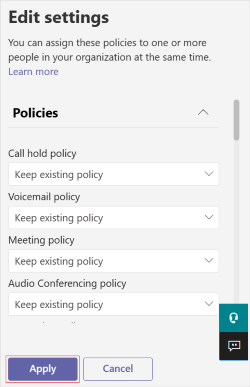 Captura de tela que mostra as opções para alterar as políticas existentes.