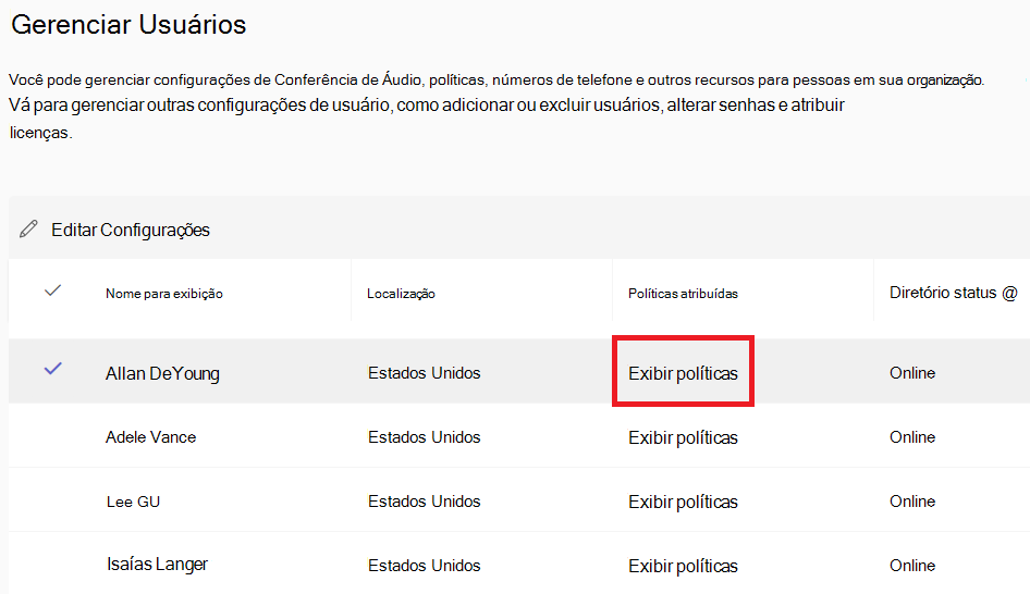 Captura de tela que mostra a opção de exibir as políticas existentes aplicadas ao usuário.