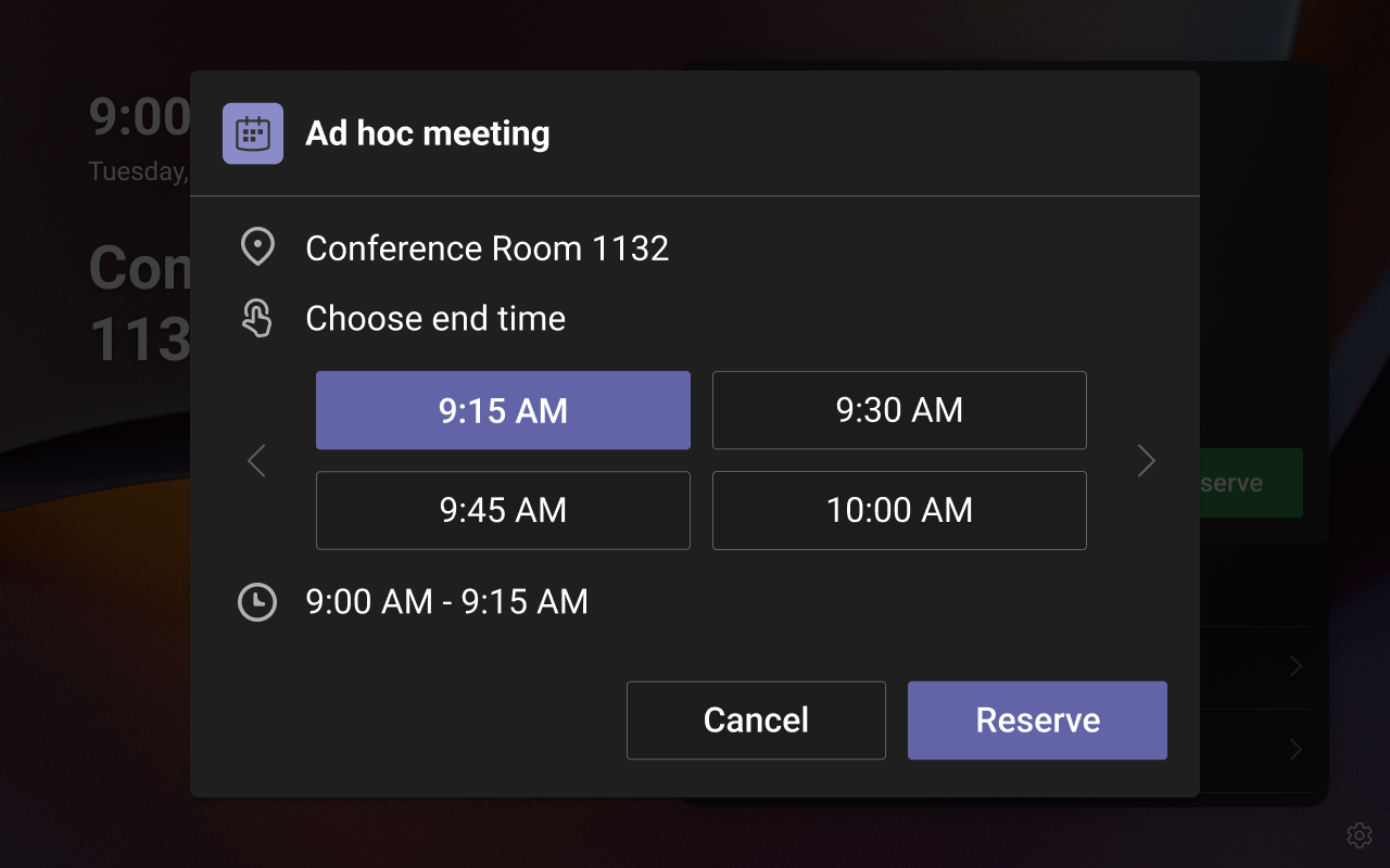 Tela de reunião ad hoc mostrando slots de hora de término.