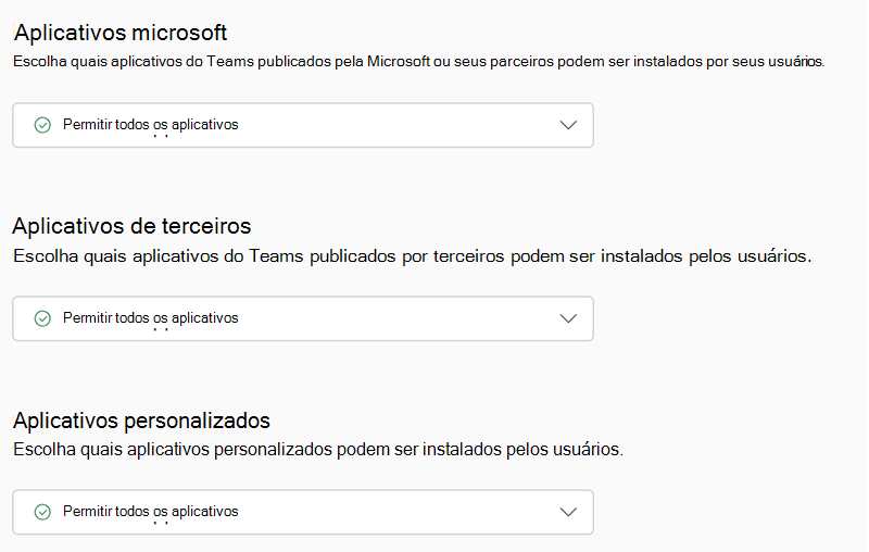 Captura de tela das políticas de permissão de aplicativo do Teams no centro de administração do Teams.