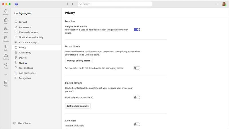 Captura de tela da página Configurações de privacidade no Teams mostrando a alternância de Insights para administradores de TI.