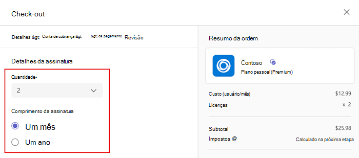 Captura de tela mostrando a caixa de diálogo de checkout para selecionar o número de licenças quando um administrador compra um aplicativo.