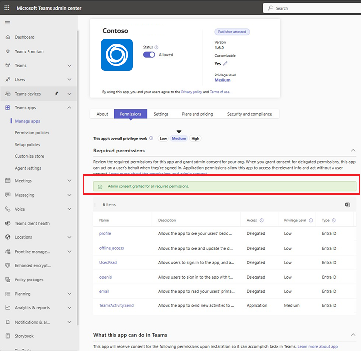 Captura de ecrã a mostrar o consentimento concedido às permissões da aplicação.
