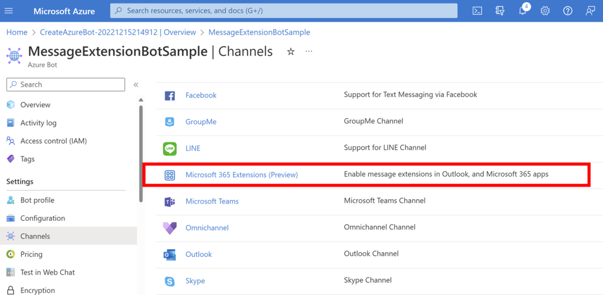 Captura de ecrã a mostrar o canal de Pré-visualização das Extensões do Microsoft 365 para o bot no painel Azure Bot Channels.