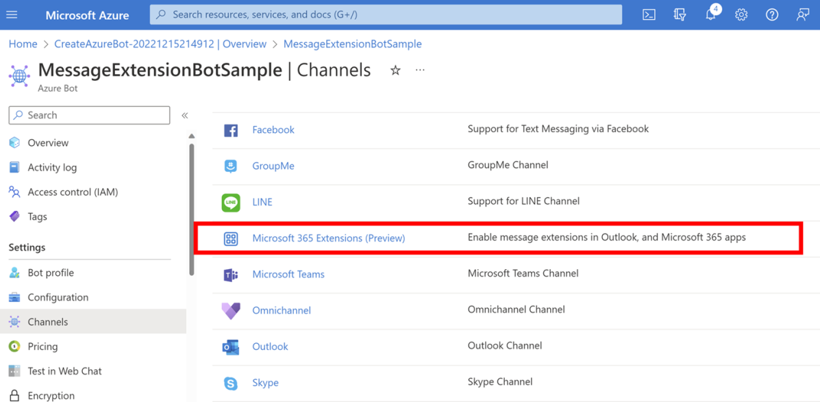 A captura de tela mostra o canal Visualização de Extensões do Microsoft 365 para o bot no painel Canais de Bot do Azure.