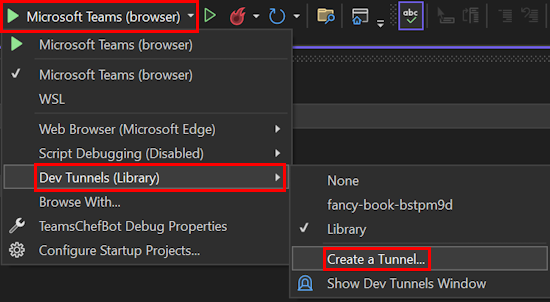 Captura de ecrã a mostrar um exemplo da opção Túnel de Desenvolvimento e Criar um Túnel no Visual Studio.