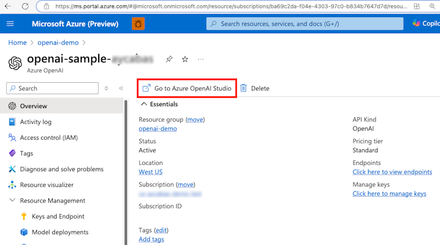 Captura de ecrã a mostrar a opção ir para o Azure OpenAI Studio no portal do Azure.