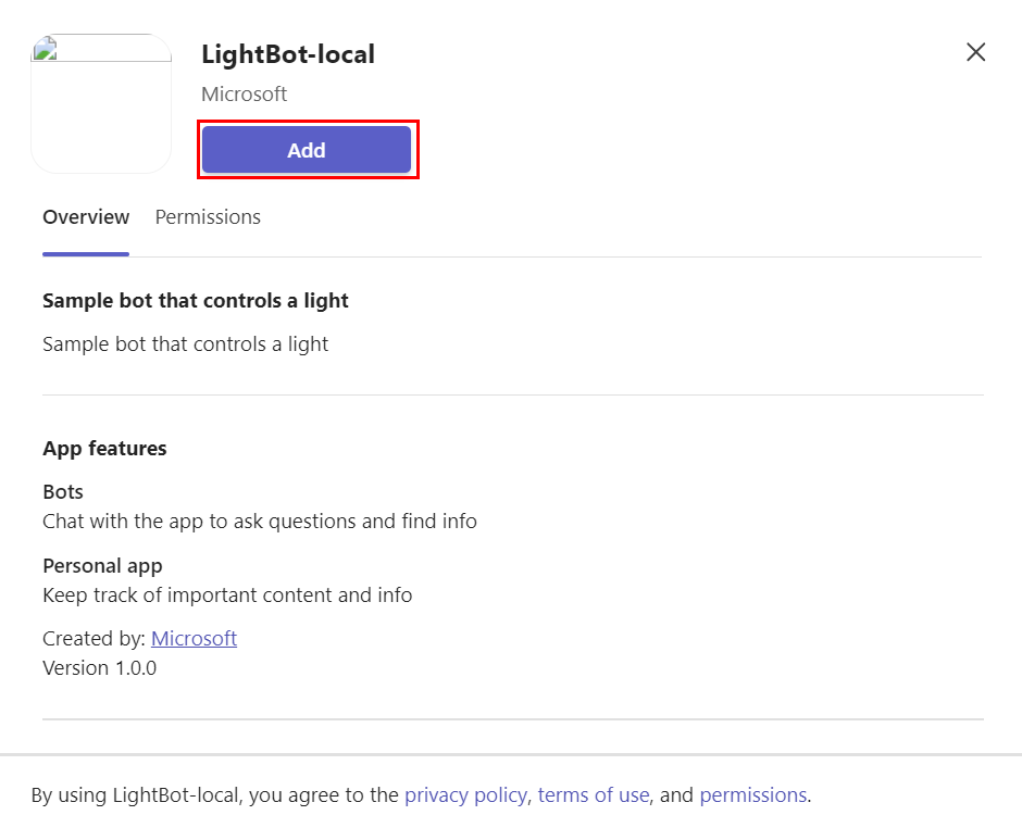 Captura de ecrã a mostrar a adição da aplicação LightBot.
