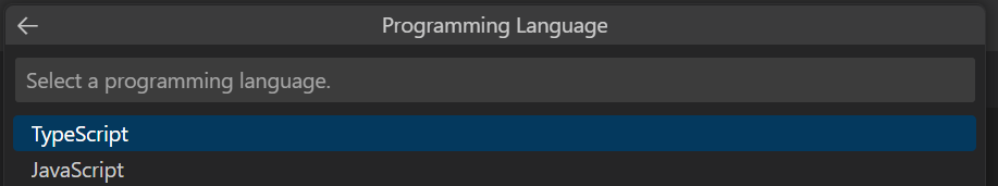 A captura de tela mostra a opção TypeScript para linguagem de programação no Teams Toolkit.