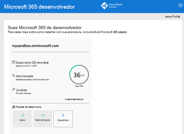Captura de tela do Microsoft 365 Developer Program exibindo suas assinaturas de desenvolvedor do Microsoft 365.