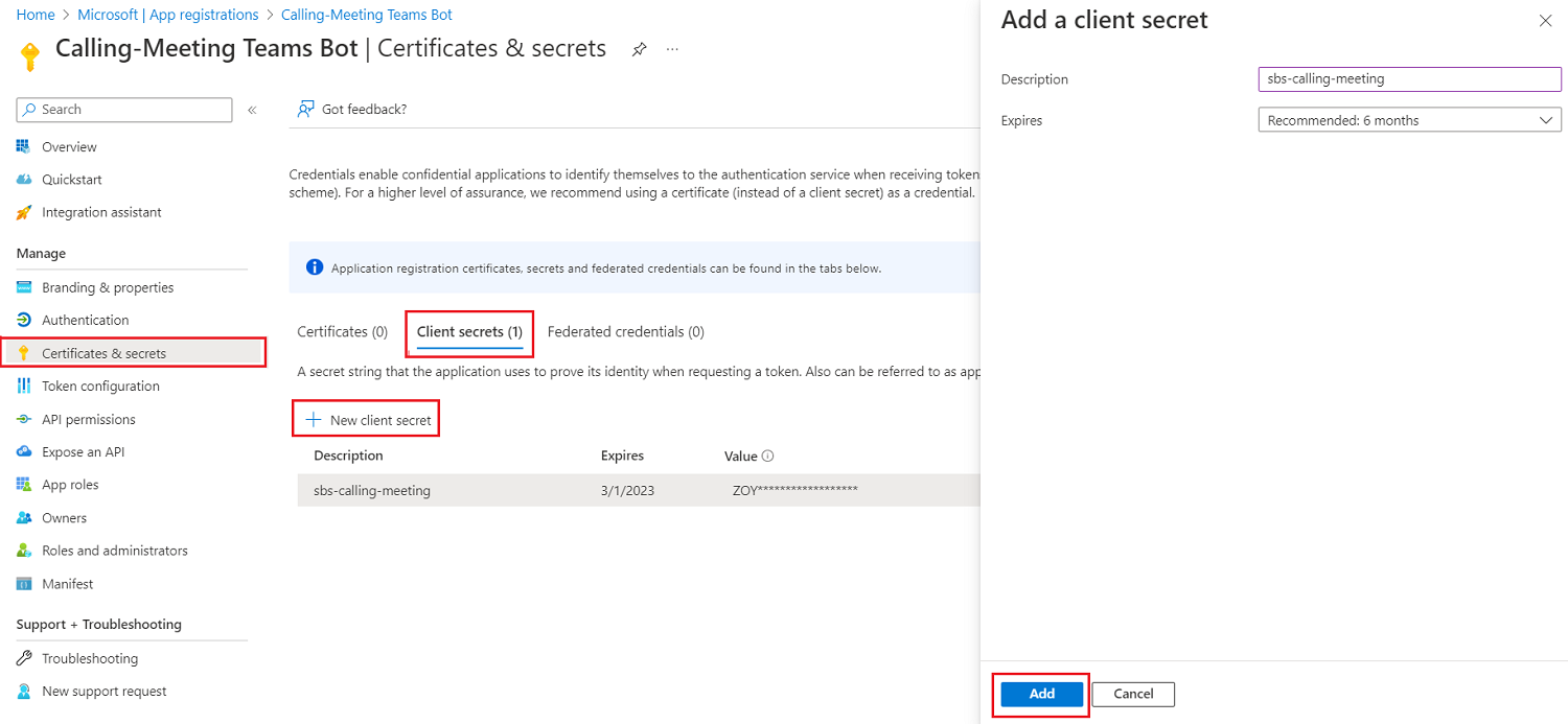 Captura de tela mostrando o segredo do cliente sendo adicionado.
