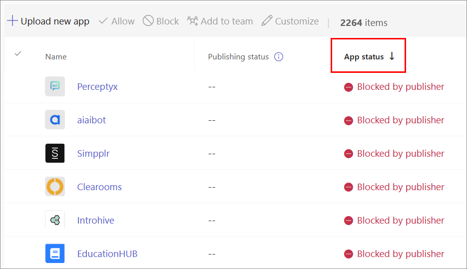 Captura de ecrã a mostrar uma aplicação bloqueada pelo publicador.