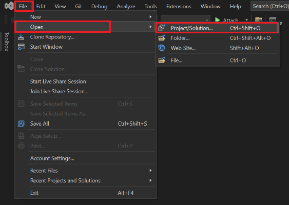 A captura de tela mostra o Visual Studio com Arquivo, Abrir e Project-Solution realçado em vermelho.