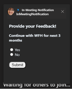 A captura de tela mostra o pop-up de saída final para a notificação de envio na reunião.