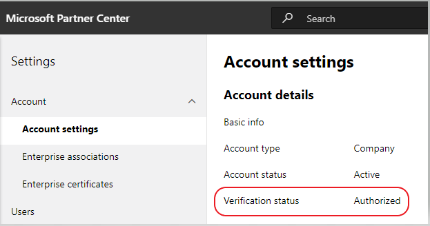 A captura de tela mostra o status de Verificação do Partner Center.
