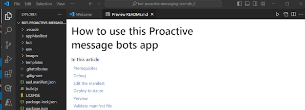 A captura de tela mostra o bot de mensagem proativo criado.
