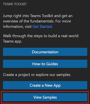 A captura de tela mostra a opção Exibir Exemplos na Barra de Atividades do Visual Studio.