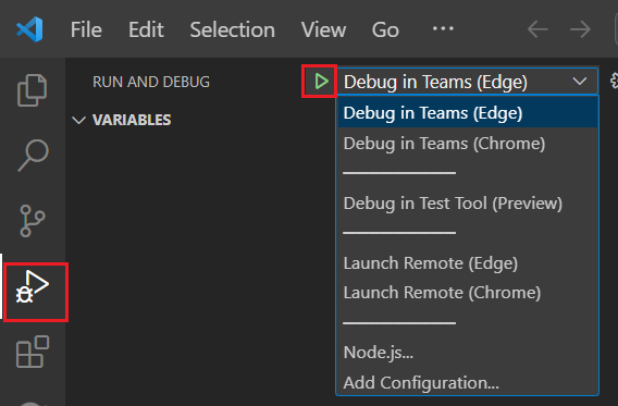A captura de tela mostra como depurar seu aplicativo no Teams Toolkit.