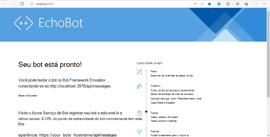 A captura de tela mostra uma página da Web com uma mensagem de que o bot está pronto.