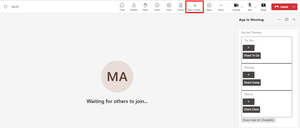 Captura de tela do aplicativo no ícone de reunião adicionado à guia de reunião.