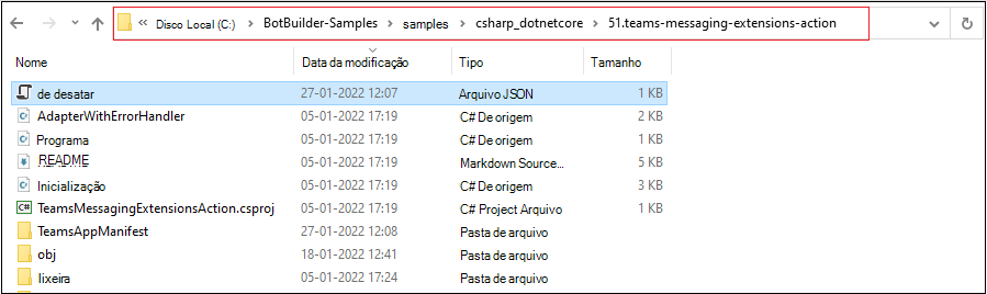 Captura de tela do repositório clonado com o caminho do arquivo e appsettings arquivo JSON realçado em vermelho.