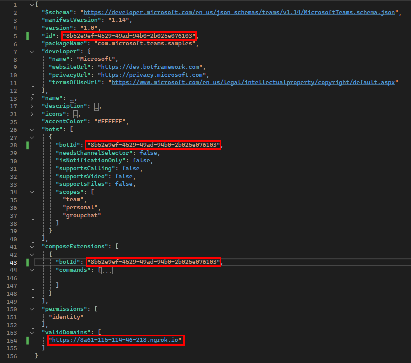 Captura de tela da página de manifesto com os domínios ID, ID do bot e Valid realçados em vermelho.