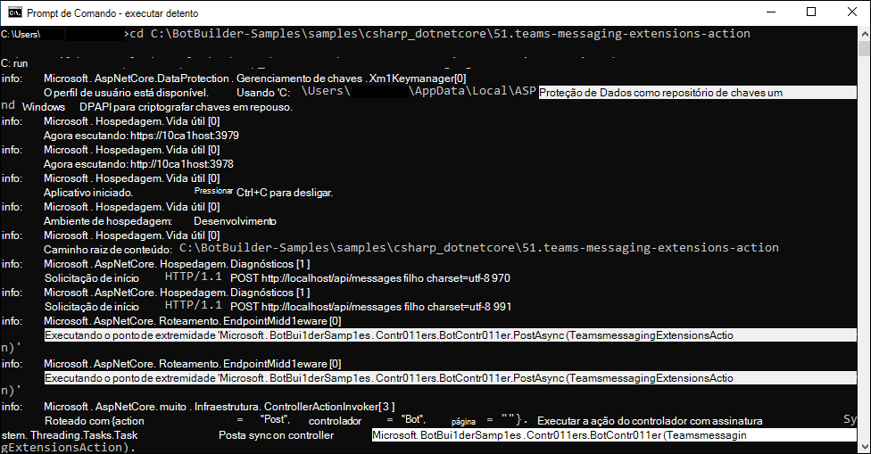 Captura de tela do Prompt de Comando – execução de dotnet com o comando executar dotnet.