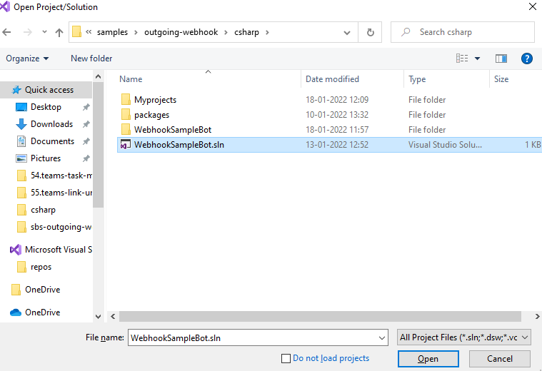 Captura de ecrã a mostrar como selecionar WebhookSampleBot.sln da pasta csharp.