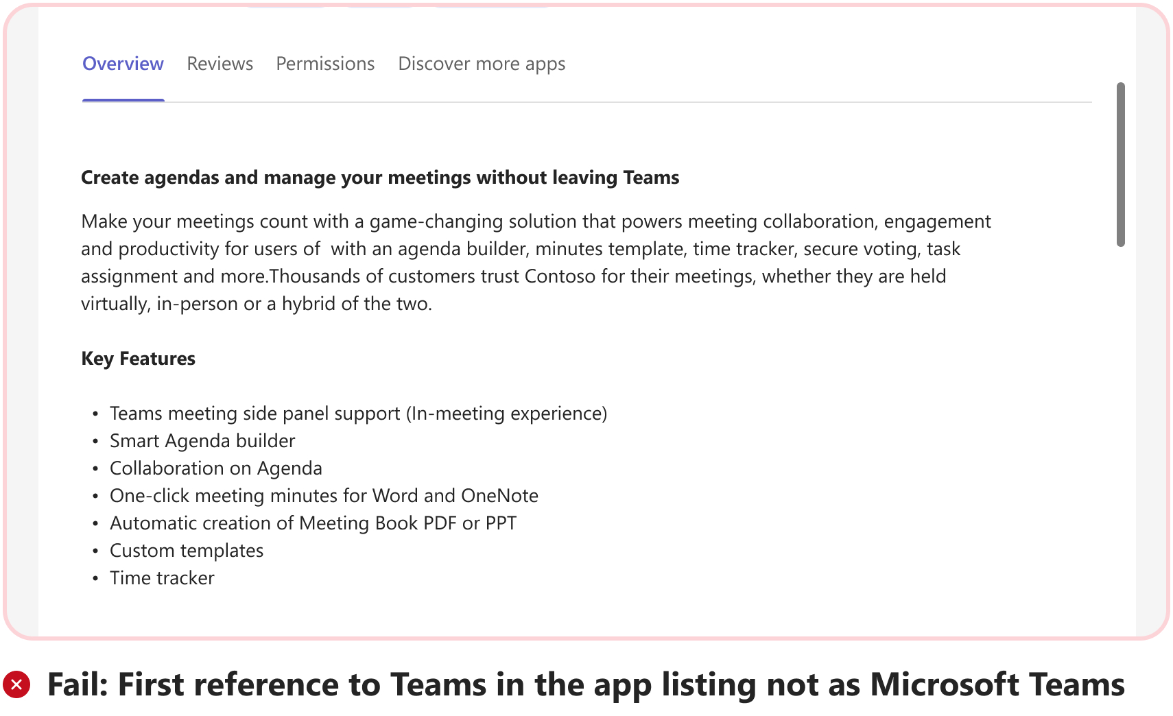 O gráfico mostra um exemplo de referência incorreta ao Teams na descrição do aplicativo.