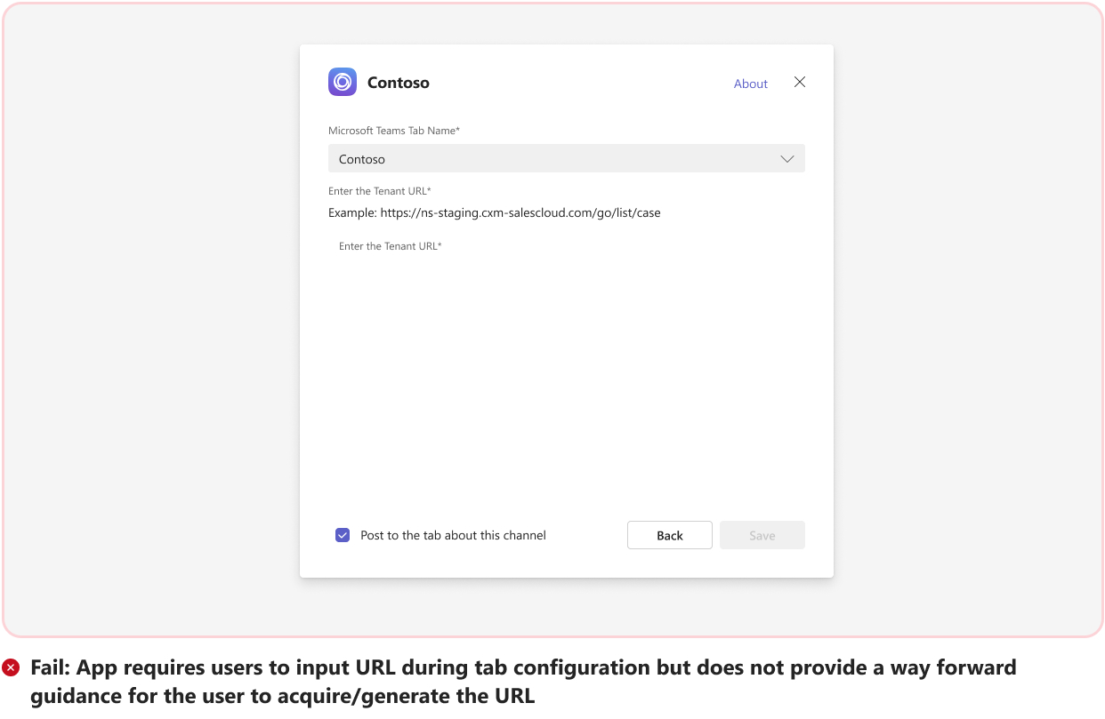 A captura de tela mostra um exemplo de configuração de guia sem um caminho a seguir para o usuário gerar uma URL.