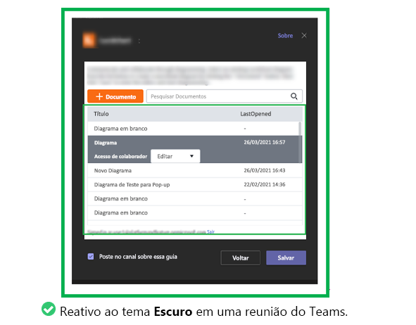 O gráfico mostra um exemplo de uma guia que responde a um tema no Teams.