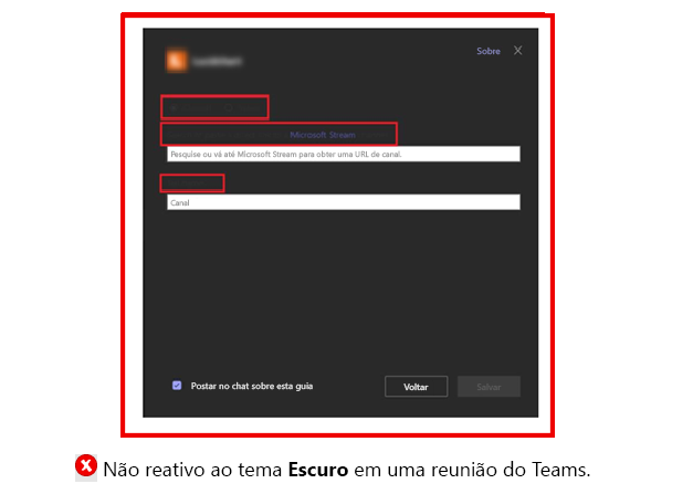 O gráfico mostra um exemplo de uma Guia que não responde ao tema no Teams.