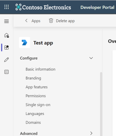 A captura de tela é um exemplo que mostra como configurar recursos para gerenciar e acessar seu aplicativo no Portal do Desenvolvedor.