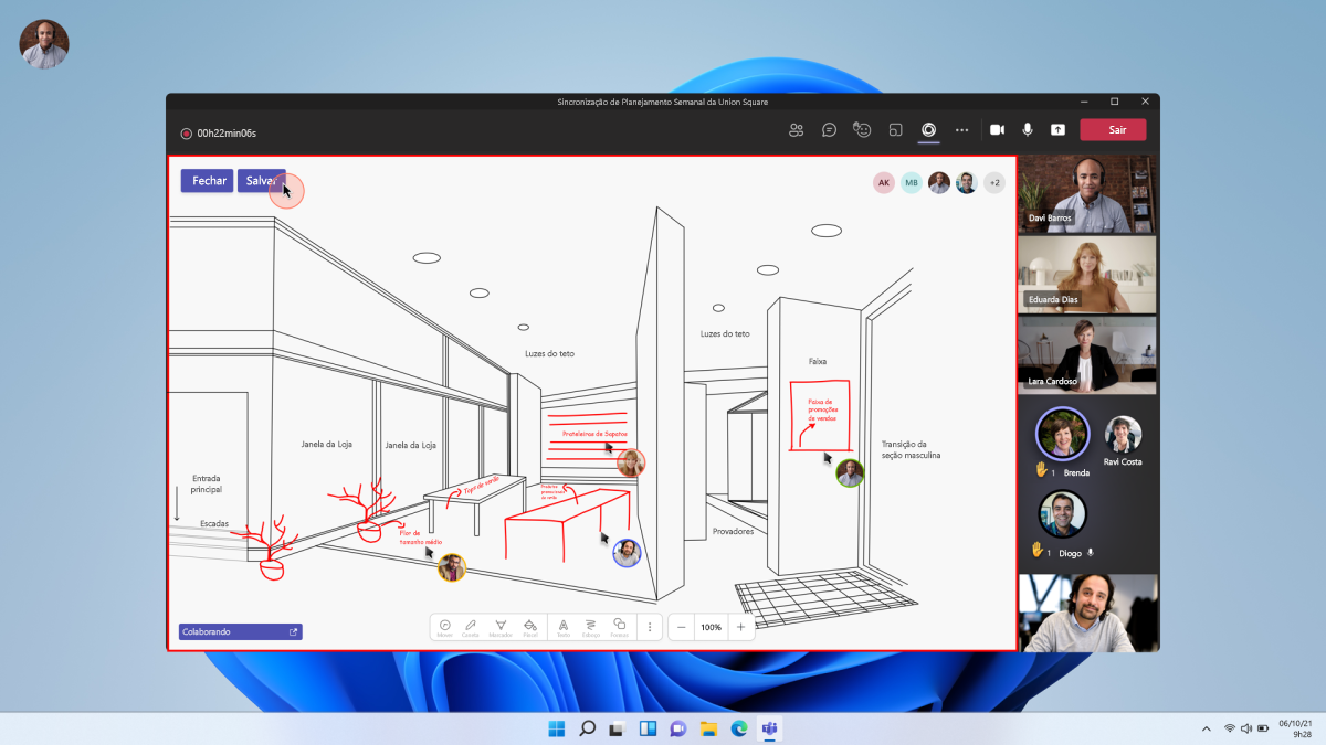 Capturas de tela mostram um exemplo de vários usuários desenhando em uma tela durante uma reunião.