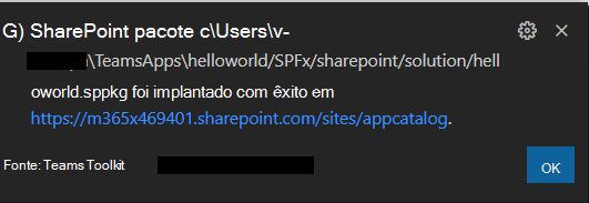 Captura de tela do pacote SPFx carregado no site do SharePoint