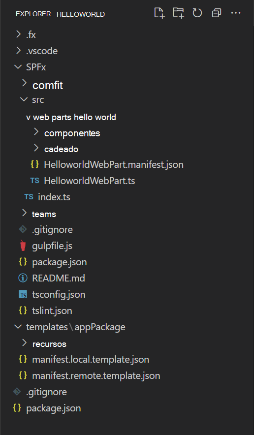 Captura de tela mostrando arquivos de projeto do aplicativo para um aplicativo pessoal no Visual Studio Code.