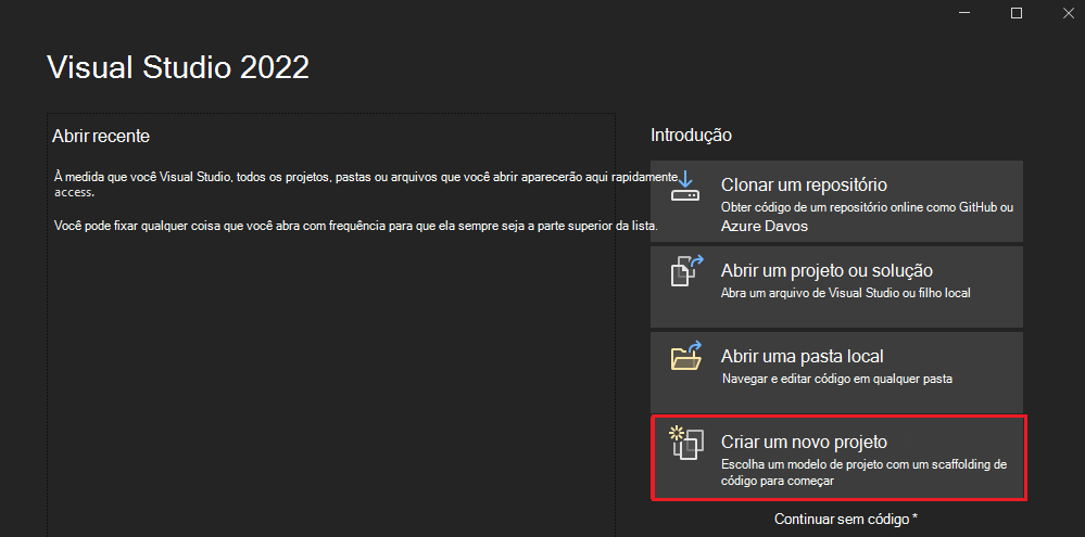 A captura de tela mostra o Visual Studio com Create uma nova opção de projeto.
