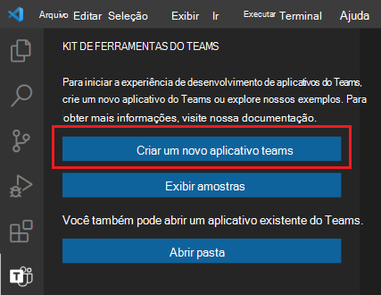 Localização do link de Criação de Novo Projeto na barra lateral do Kit de ferramentas do Teams.