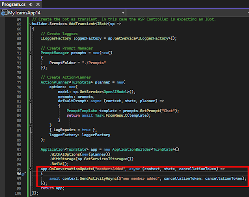 A captura de tela mostra o código adicionado ao arquivo program.cs para o usuário de adição de atividade simulada predefinida.
