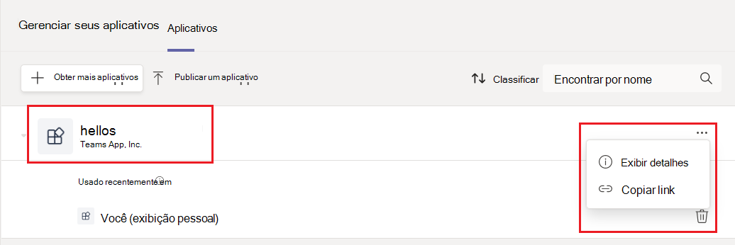 A captura de tela mostra os aplicativos carregados personalizados no Teams.