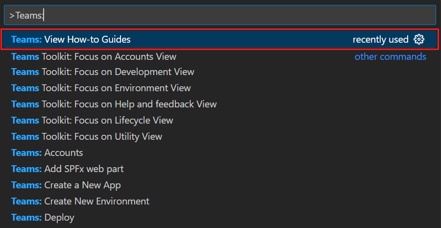 A captura de tela mostra a opção de adicionar recursos usando a paleta de comandos.