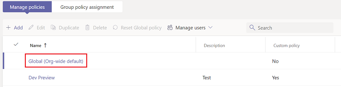A captura de tela mostra a guia Gerenciar políticas com a opção Global (padrão em toda a organização) realçada.