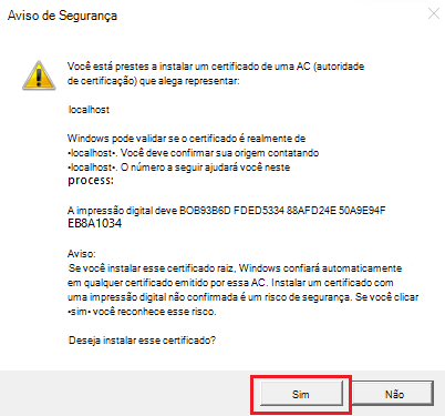 A captura de tela mostra o aviso de segurança com a opção Sim.