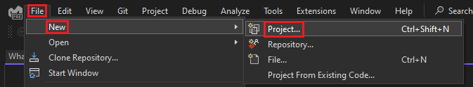 A captura de tela mostra a seleção de um novo projeto no menu arquivo.