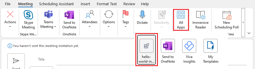 Aplicativo de reunião carregado mostrando no menu 'Todos os Aplicativos' do agendador de reuniões do Outlook