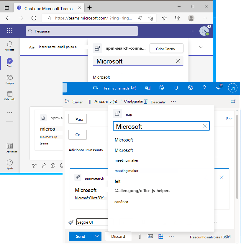 A captura de tela é um exemplo que mostra a extensão de mensagem em execução no Outlook e no Teams.