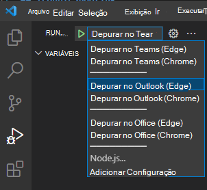 Captura de ecrã a mostrar o menu pendente de depuração no Teams Toolkit.