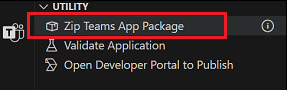 Captura de ecrã a mostrar a opção Pacote de Aplicações do Teams zip na extensão do Teams Toolkit para Visual Studio Code.