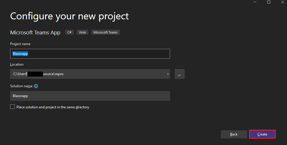 Captura de tela de Configurar seu novo projeto com a opção Criar realçada em vermelho.